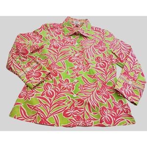 IZOD Blouse Shirt Women's PL Stretch Abstract‎ Artsy Floral Festive Hawaiian